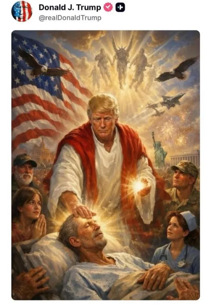 Imagem gerada por intelig&ecirc;ncia artificial, associada ao presidente dos Estados Unidos, Donald Trump, retrata o l&iacute;der pol&iacute;tico em cena de conota&ccedil;&atilde;o religiosa ao lado de uma representa&ccedil;&atilde;o de Jesus Cristo. O conte&uacute;do, posteriormente apagado, voltou a circular em perfis de apoiadores nas redes sociais, ampliando a repercuss&atilde;o e o debate sobre o uso de simbolismo religioso e ferramentas de IA no ambiente pol&iacute;tico digital.